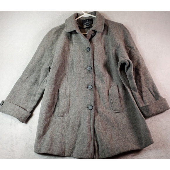 London Fog Wool‎ Coat Womens Petite 14 Large Gray Pockets Collared Button Front - Picture 1 of 8